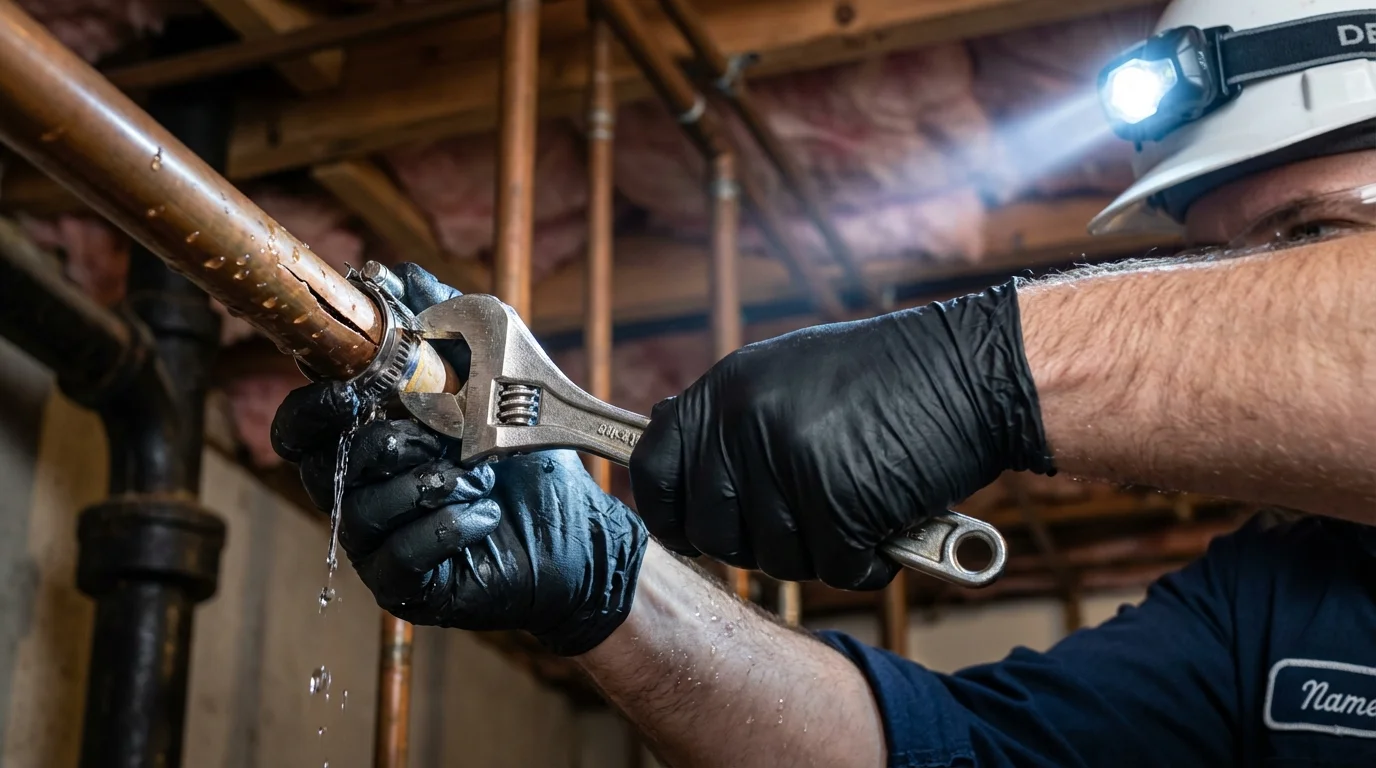 Emergency pipe clamp repair being performed by a Johns Plumbing LLC plumber in Levelland